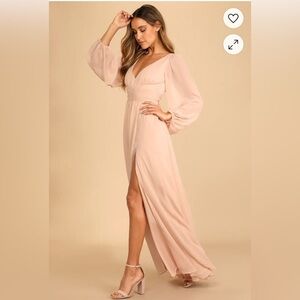 Lulu's Pink Ruched Wrap Gown with V-Neck